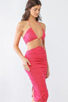 Hot Pink Mesh Ruched O-Ring Detail Halter Triangle Top Midi Dress - My Store