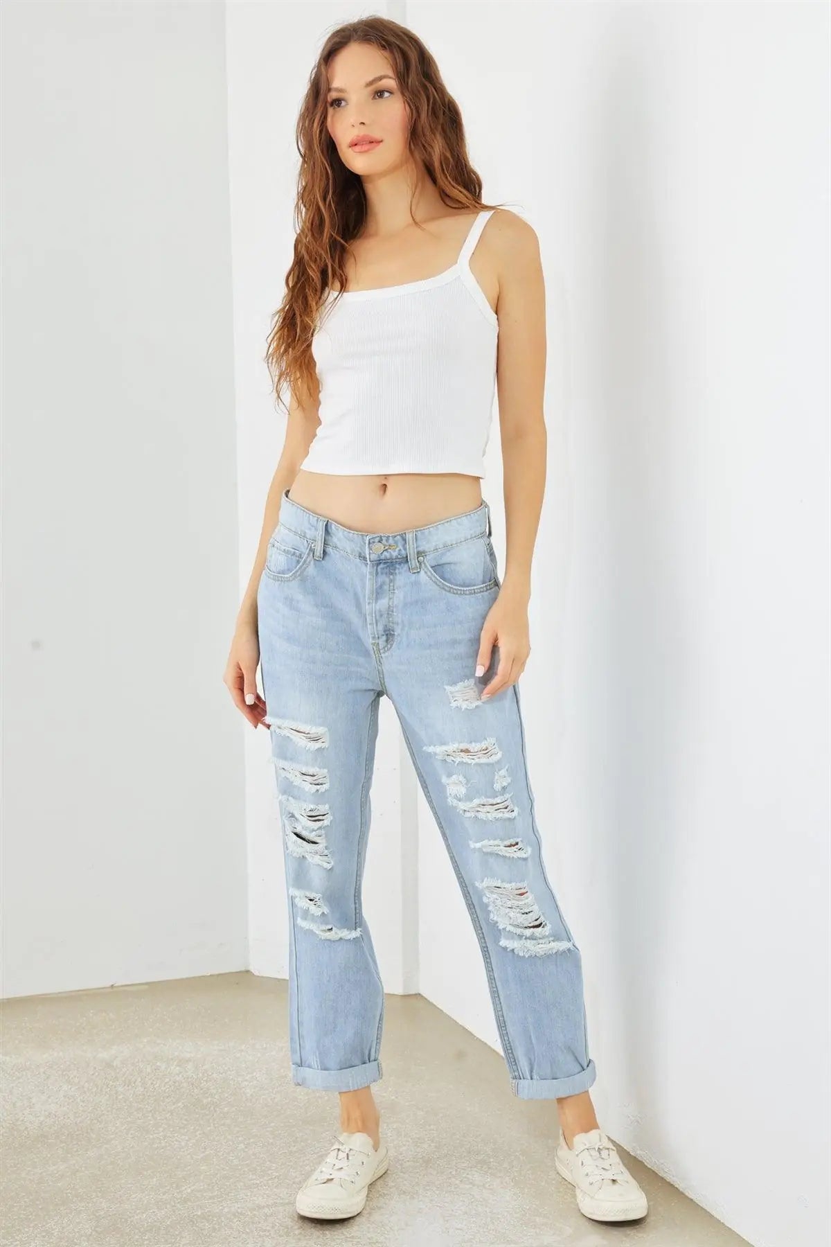 Light Blue Denim Cotton Ripped High Waist Jeans - My Store