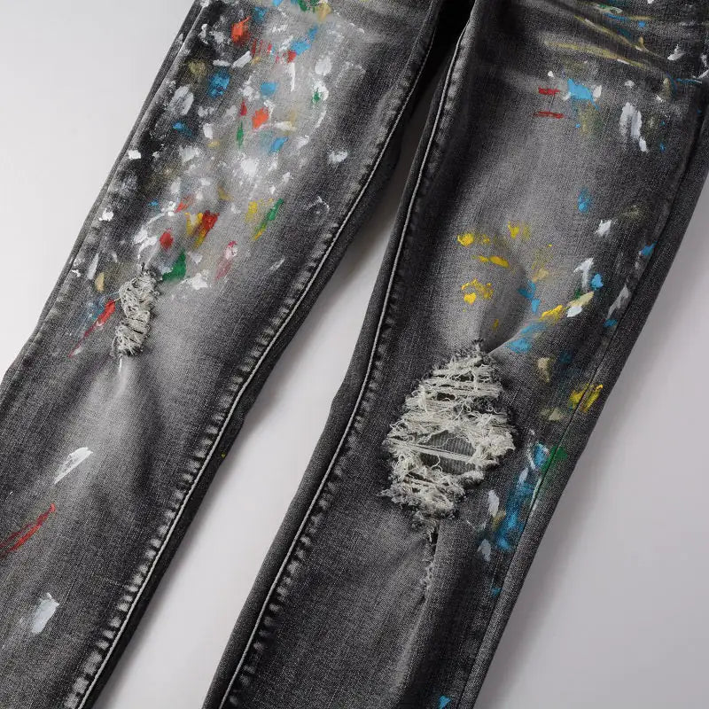 Men Speckle Ink Printed Vintage Pleated Ripped Jeans - My Store