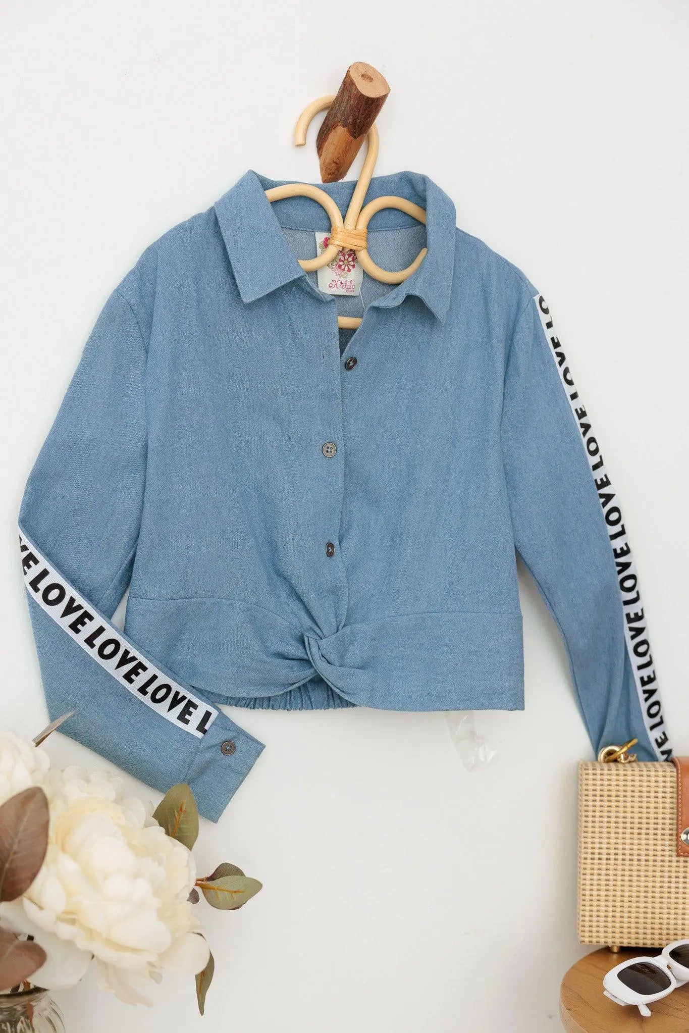 Girls Denim Button Up Twisted Hem Love Detail Crop Shirt - My Store