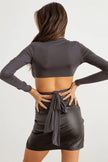 Cut-Out Self Back Tie Long Sleeve Crop Top - My Store