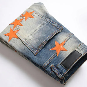 High Street Orange Star Embroidery Jeans - My Store