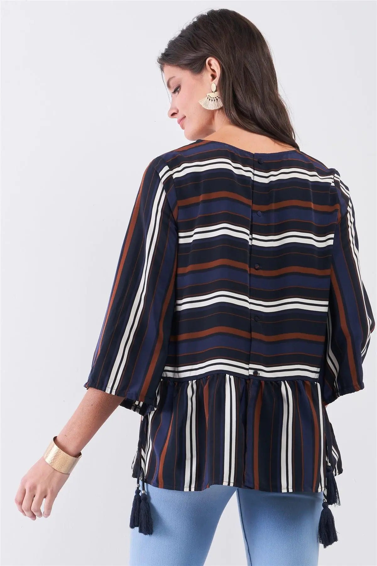 Blue Multicolor Striped Round Neck Button-Down Back Detail Self-Tie Tassel Tip Midi Sleeve Flounce Hem Top - My Store