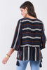 Blue Multicolor Striped Round Neck Button-Down Back Detail Self-Tie Tassel Tip Midi Sleeve Flounce Hem Top - My Store