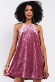 Pink Rose Velvet Square Halter Neck Mini Dress