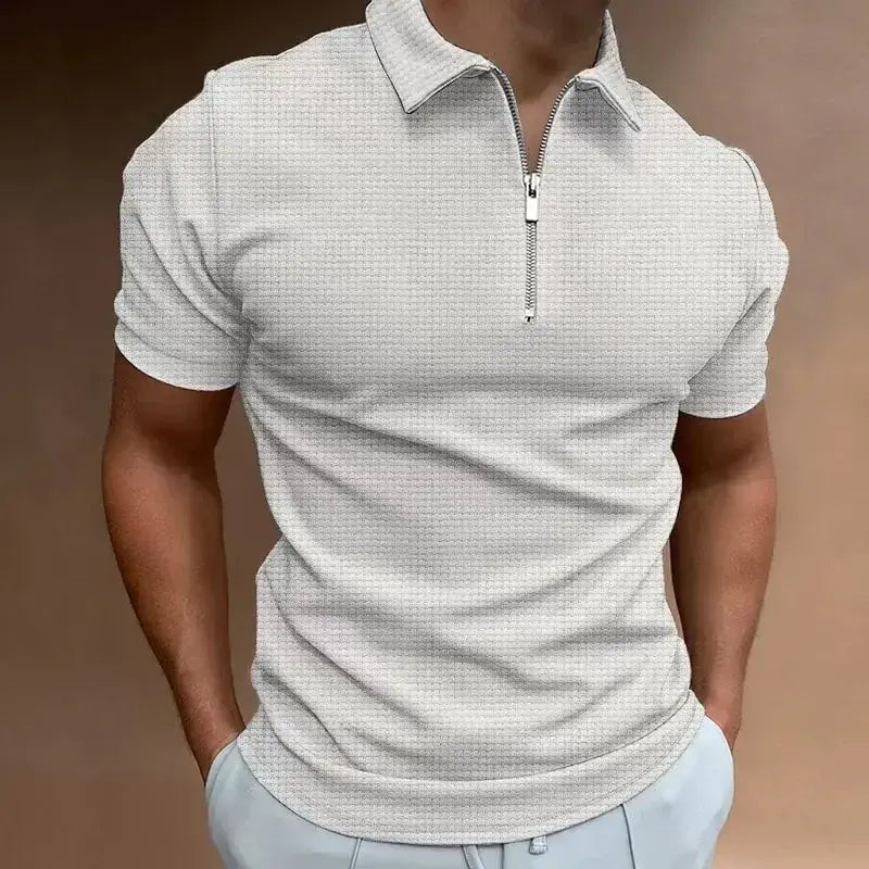 Summer New Men's Zipper Waffle Polo Shirt Short Sleeve Waffle - My Store