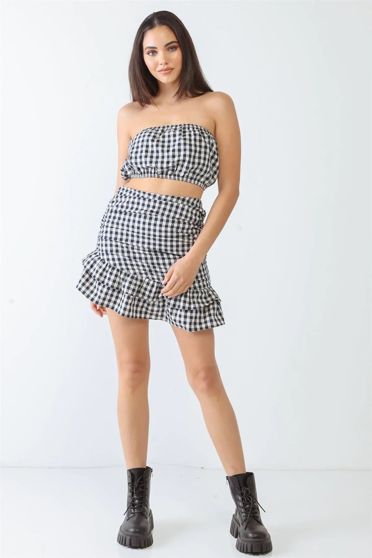 Plaid Strapless Crop Top & High Waist Flare Hem Mini Skirt Set - My Store