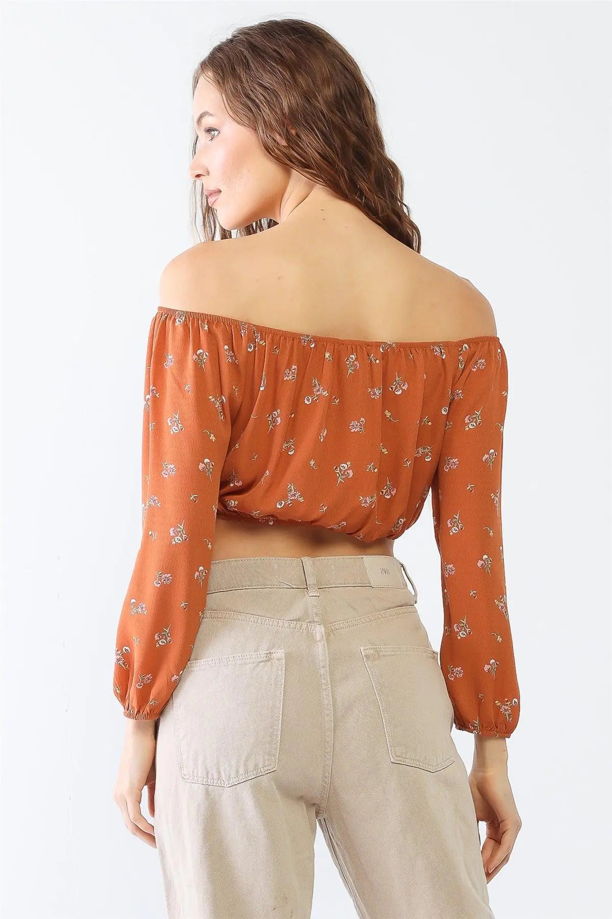 Floral Off-The-Shoulder Long Sleeve Ruched Crop Top - My Store