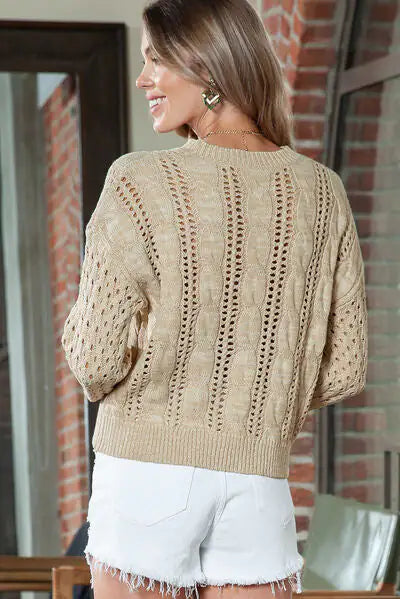 Full Size Openwork Cable-Knit Round Neck Knit Top- - My Store