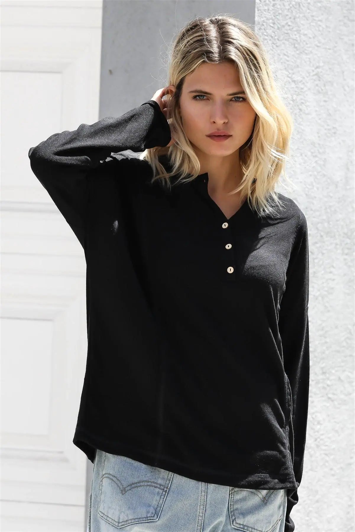 Black Button Up Detail Long Sleeve Top /1-1-1 - My Store