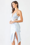 Blue Printed Satin Cut-Out Detail V-Neck Self-Tie Side Slit Midi Dress /3-2-1 - My Store