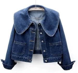 Retro Peter Pan Collar Short Denim Coat For Women