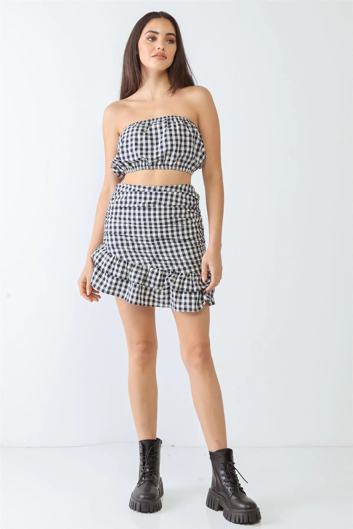 Plaid Strapless Crop Top & High Waist Flare Hem Mini Skirt Set - My Store