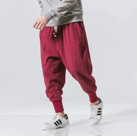 Cotton Linen Harem Pants Men Solid Elastic Waist Streetwear Joggers - My Store