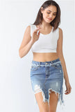 Denim Cotton Trim Torn Hem High Waist Mini Skirt - My Store