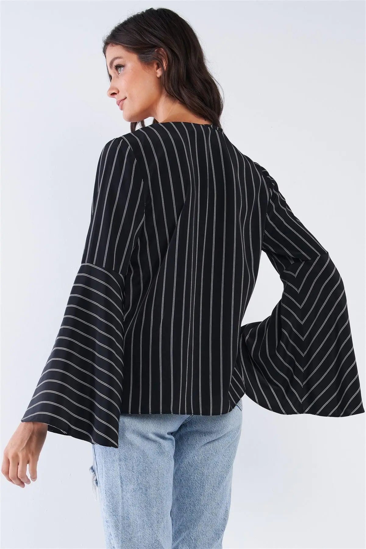 Black V-Neck Wrap Loose Fit White Horizontal Double Stripe Bellflower Long Sleeve Front Cross Threading Corset Detail Top - My Store