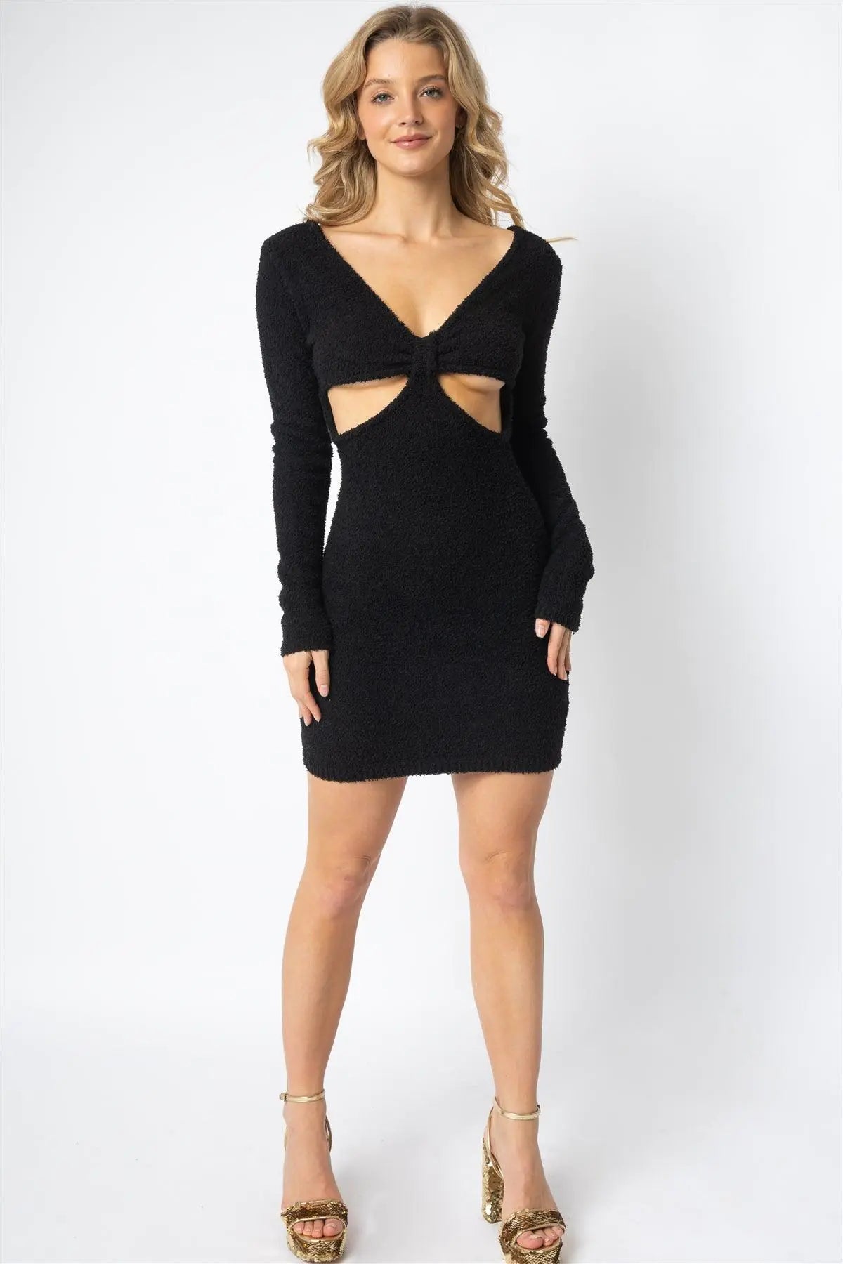 Fluffy Bow Cut-Out Detail Long Sleeve Mini Dress