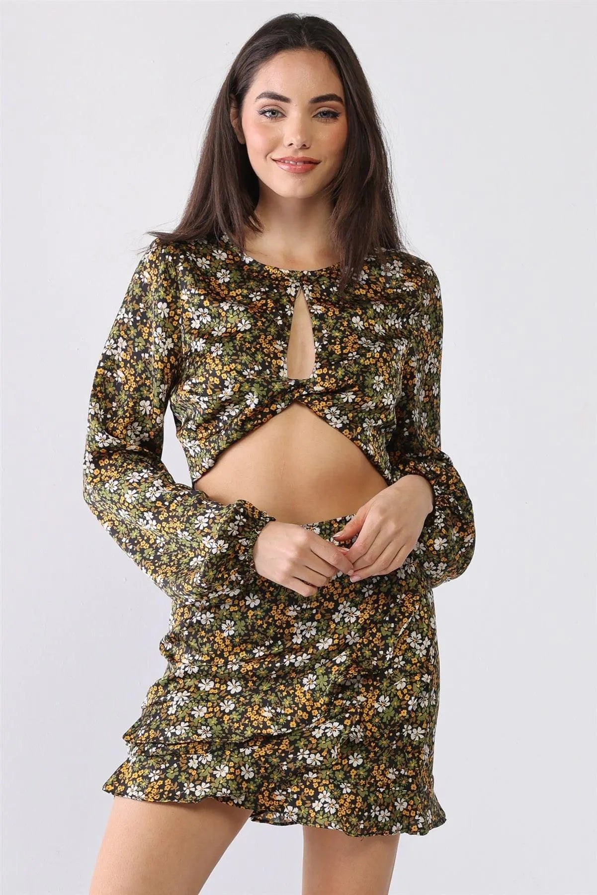 Floral Twist Cut-Out Crop Top Ruffle Hem Mini Skirt Set - My Store