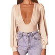 Chic Solid Plunging Neck Lantern Sleeve Bodysuit - My Store