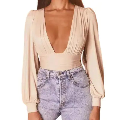 Chic Solid Plunging Neck Lantern Sleeve Bodysuit - My Store