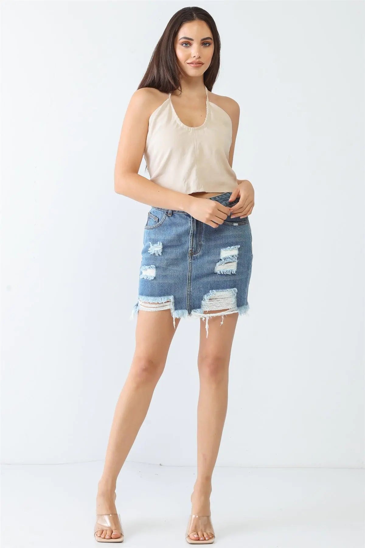 Denim Distressed Trim Hem High Waist Mini Skirt - My Store