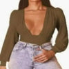 Chic Solid Plunging Neck Lantern Sleeve Bodysuit - My Store