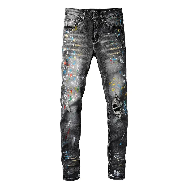 Men Speckle Ink Printed Vintage Pleated Ripped Jeans - My Store