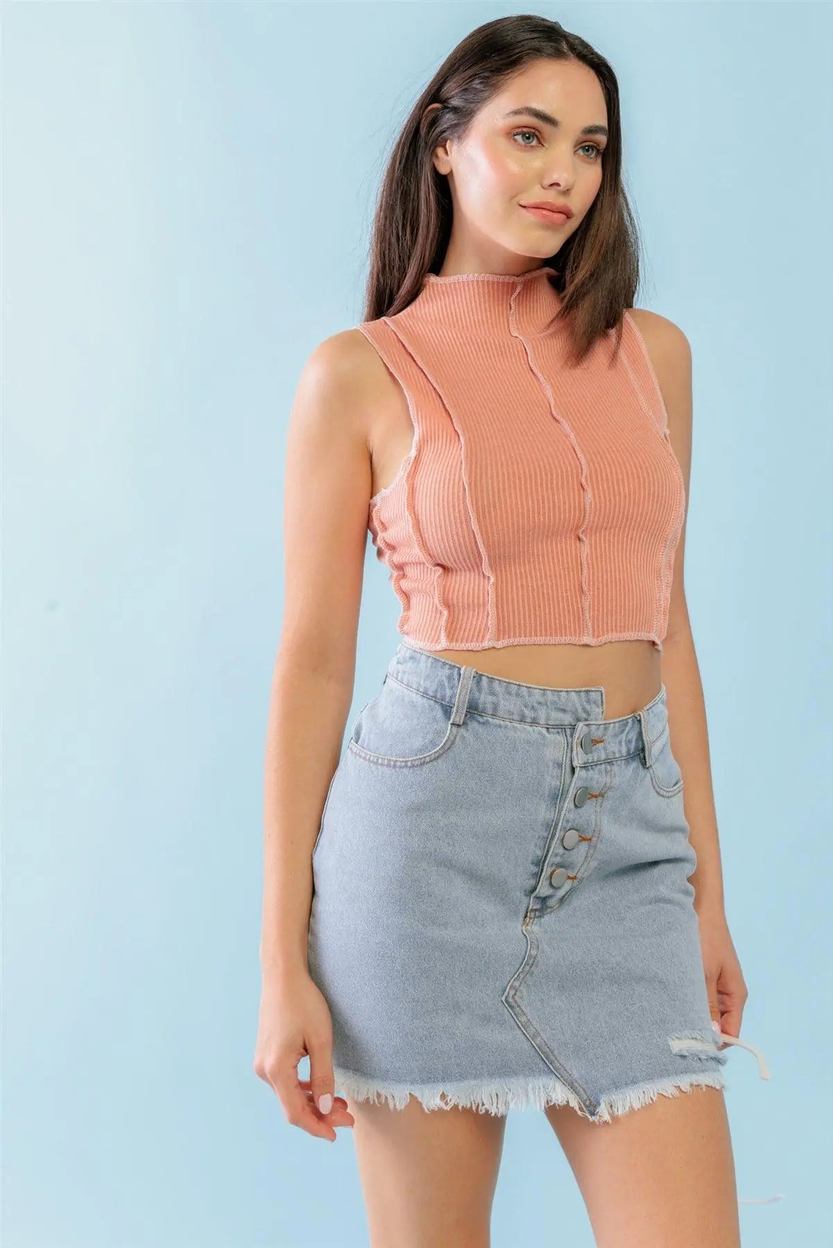 Dark Peach Ribbed Inside-Out Sleeveless Mock Neck Crop Top