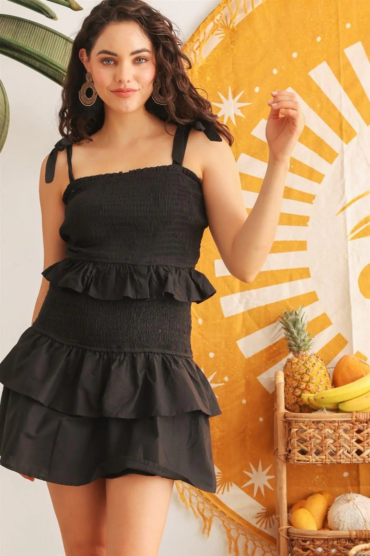 Black Cotton Smocked Ruffle Sleeveless Mini Dress /3-2-1 - My Store