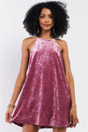 Pink Rose Velvet Square Halter Neck Mini Dress