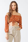 Floral Off-The-Shoulder Long Sleeve Ruched Crop Top - My Store