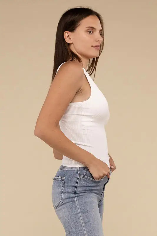 Ribbed Bra Padded V-Neck Tank Top - My Store