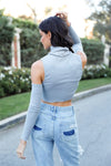 Grey Sleeveless Matching Arm Warmer Details Turtle Neck Lettuce Edge Crop Top - My Store