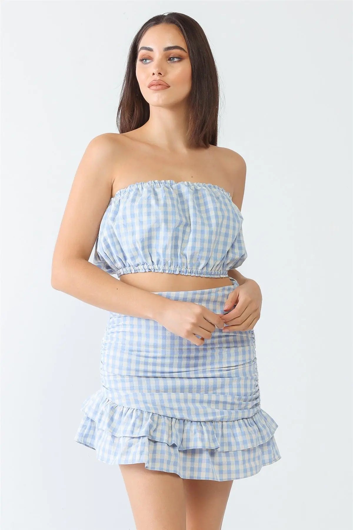 Plaid Cotton Strapless Crop Top & High Waist Flare Hem Mini Skirt Set - My Store