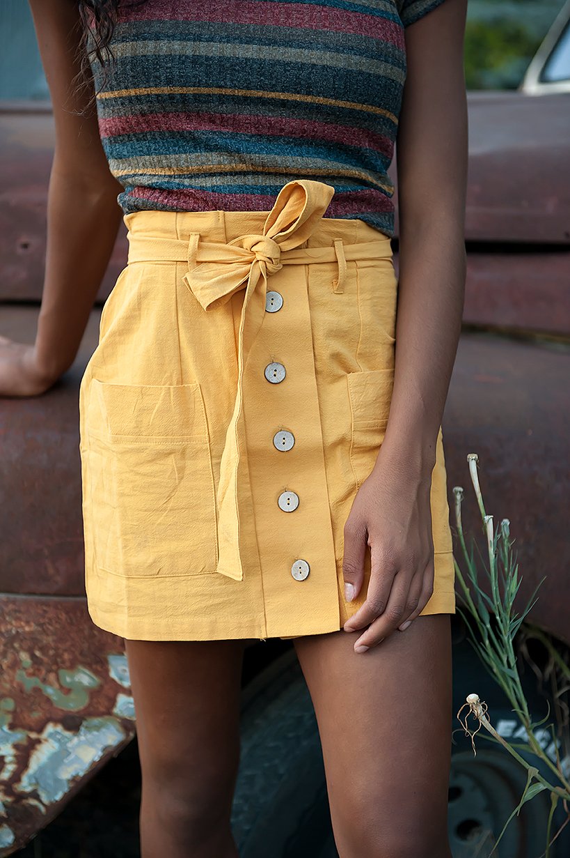 Coconut button Solid Woven Skirt With Belt in Mustard - My Store