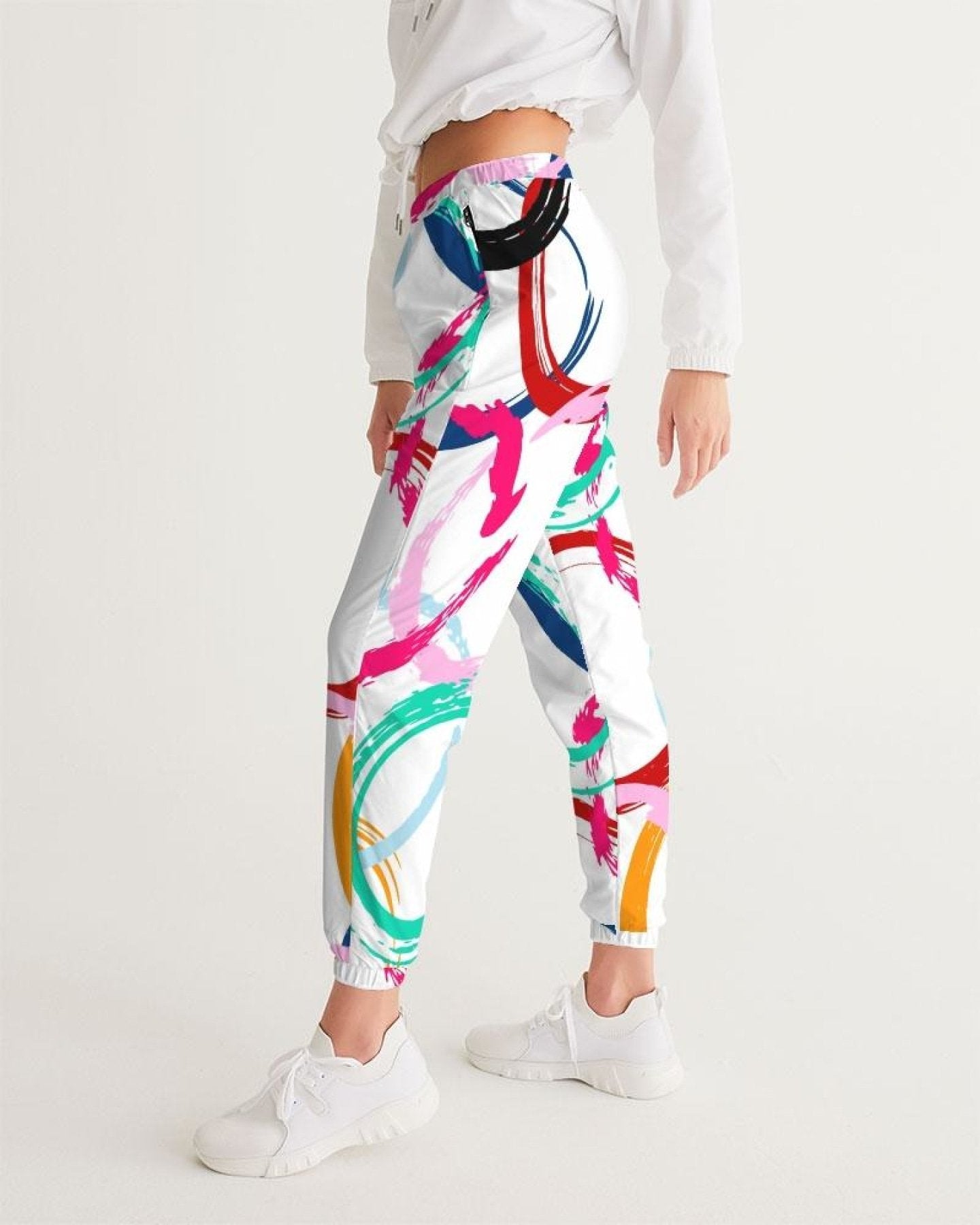 Womens Track Pants - White Multicolor Circular Graphic Sports Pants - My Store