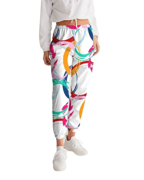 Womens Track Pants - White Multicolor Circular Graphic Sports Pants - My Store