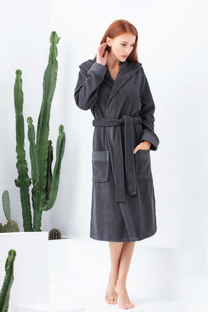 Women's Navy Blue Turkish Cotton Hooded Terry Bathrobe - My Store