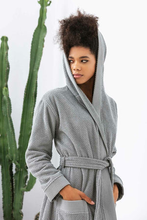 Women's Navy Blue Turkish Cotton Hooded Terry Bathrobe - My Store