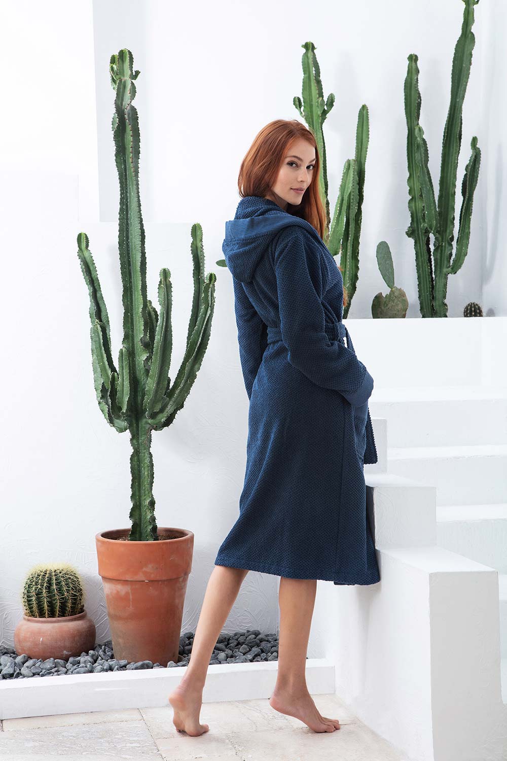 Women's Navy Blue Turkish Cotton Hooded Terry Bathrobe - My Store