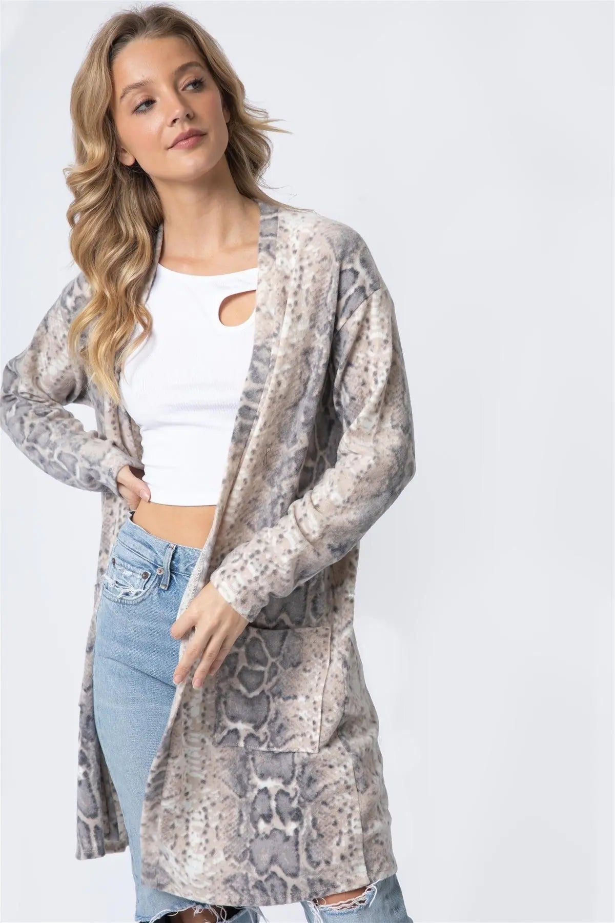 Animal Print Flannel Front Pocket Long Cardigan - My Store