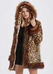 Womens Leopard Print Hooded Faux Fur Collar Jacket - My Store