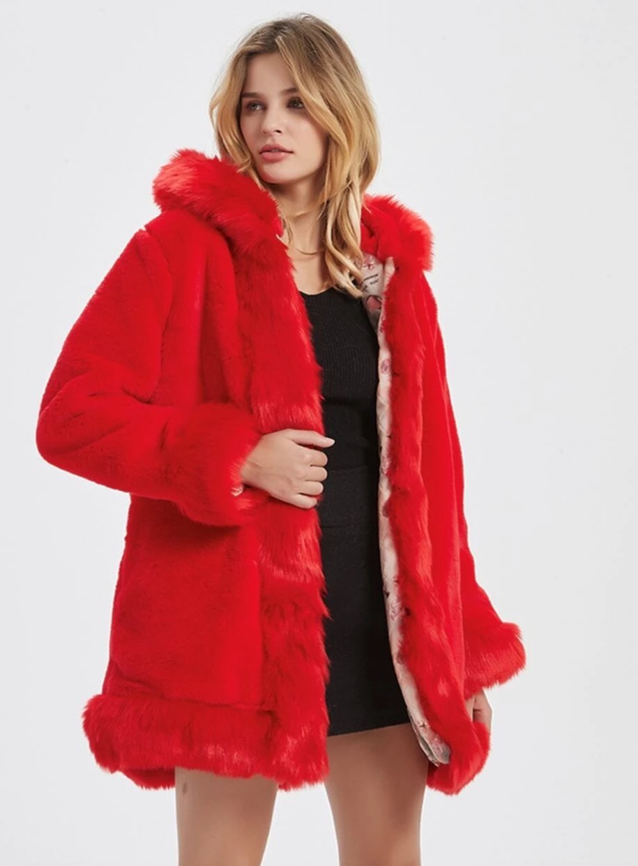 Womens Hooded Faux Fur Collar Coat - My Store