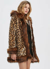 Womens Leopard Print Hooded Faux Fur Collar Jacket - My Store