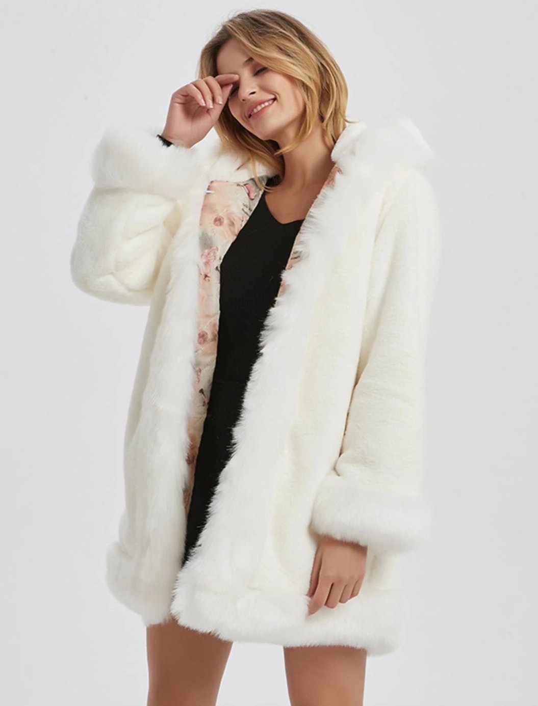 Womens Hooded Faux Fur Collar Coat - My Store