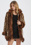 Womens Leopard Print Hooded Faux Fur Collar Jacket - My Store