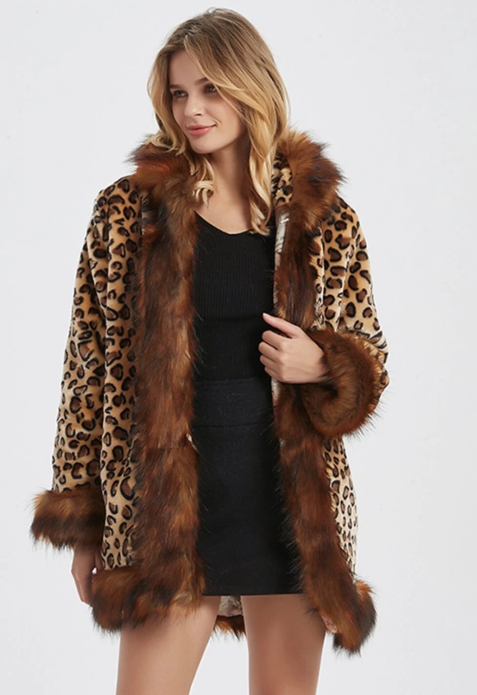 Womens Leopard Print Hooded Faux Fur Collar Jacket - My Store