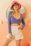 Denim Ribbed Surplice Neck Long Sleeve Crop Top