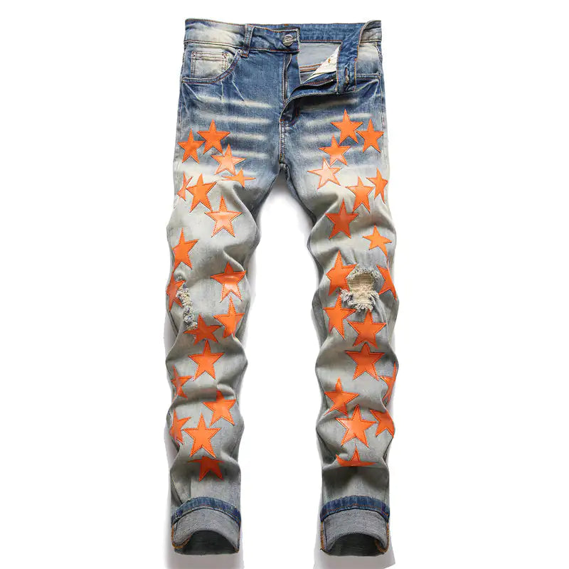 High Street Orange Star Embroidery Jeans - My Store