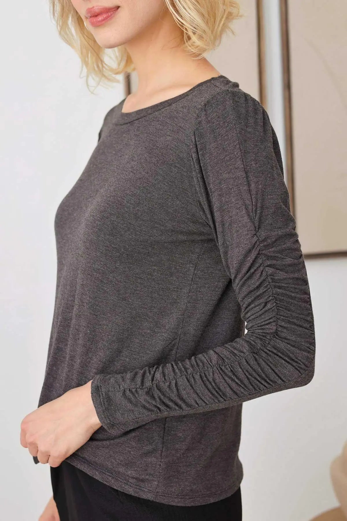 Charcoal Ruched Detail Long Sleeve Top - My Store